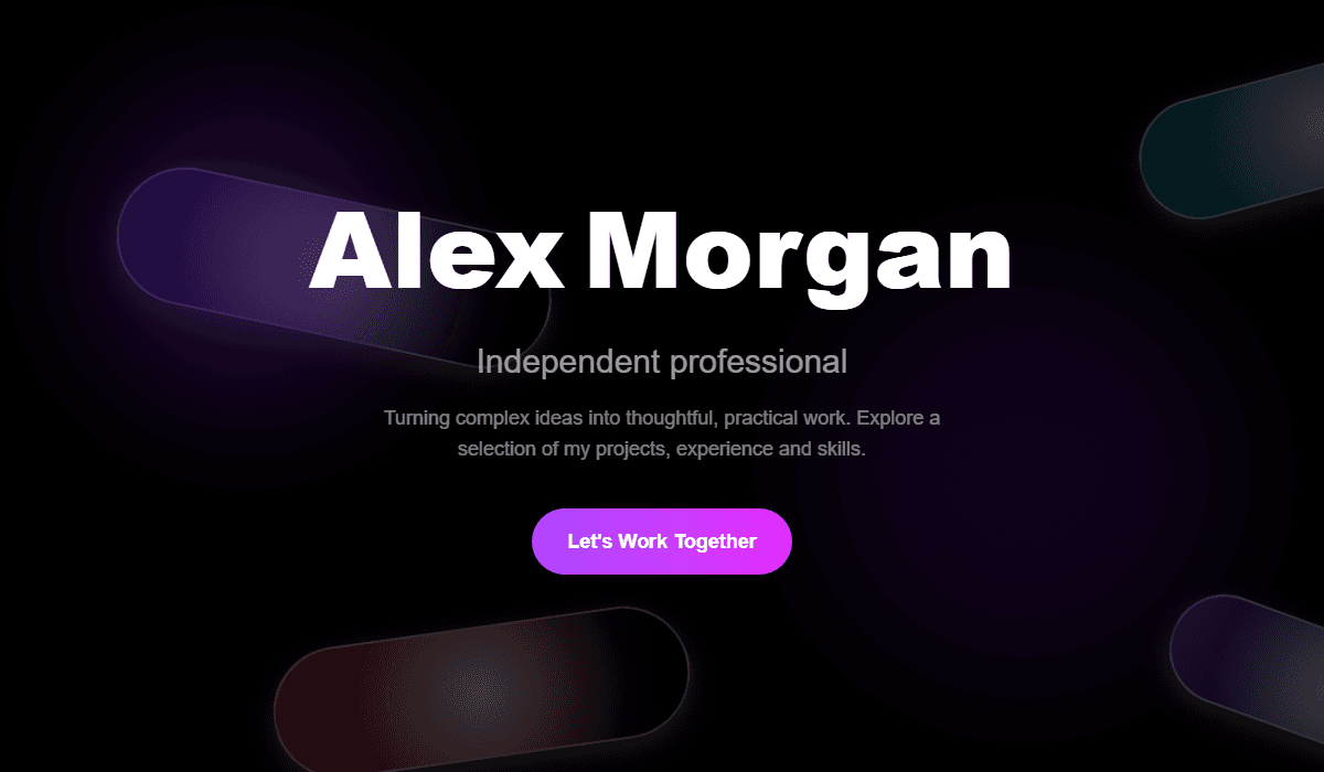 Aurora portfolio template desktop hero with sample content