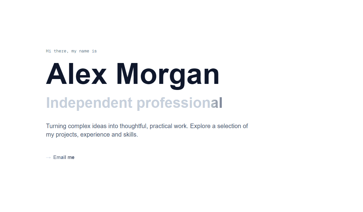 Noir portfolio template desktop hero with sample content